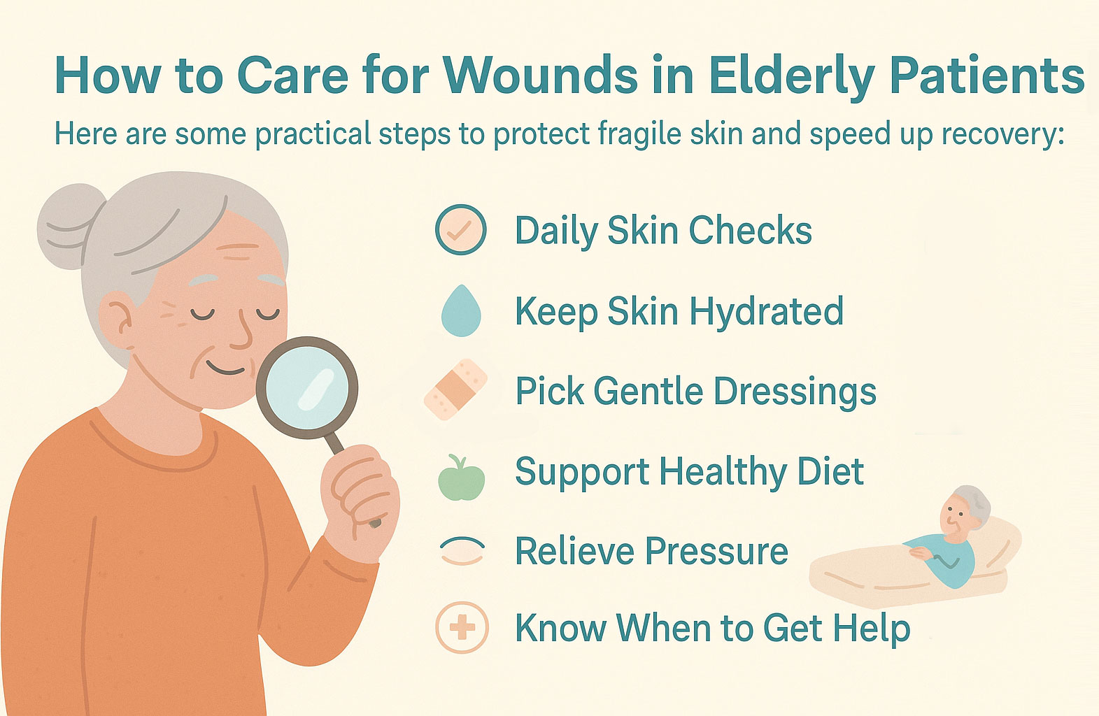 steps for elderly wound care, including daily skin checks, hydration, pressure relief, and gentle dressings.